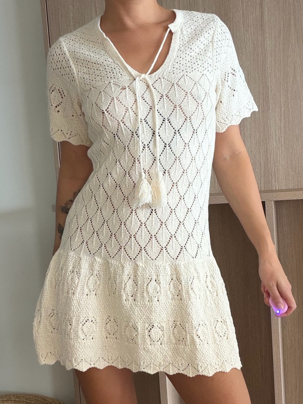 Zara Cream Crochet Tie-Front Mini Dress